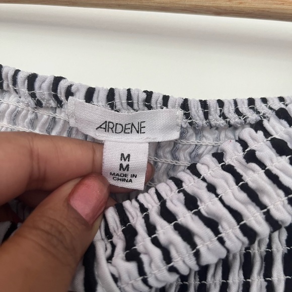 Off-shoulder smock cropped leg jumpsuit in black and white striple - Picture 4 of 4